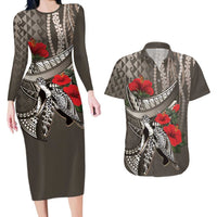 Hawaiian Honu Personalized Couples Matching Long Sleeve Bodycon Dress and Hawaiian Shirt Mocha Mousse Hibiscus Tribal Hook Pattern