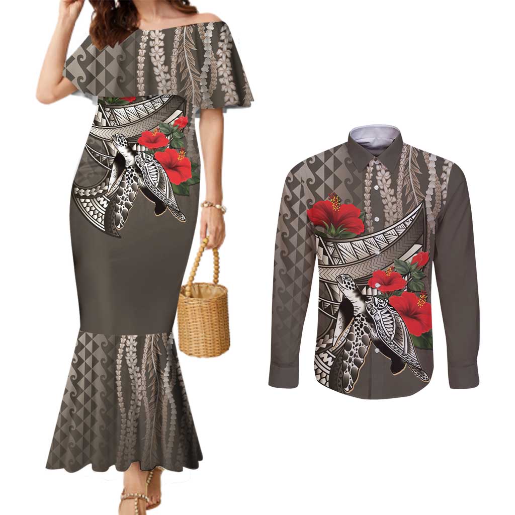 Hawaiian Honu Personalized Couples Matching Mermaid Dress and Long Sleeve Button Shirt Mocha Mousse Hibiscus Tribal Hook Pattern