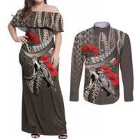 Hawaiian Honu Personalized Couples Matching Off Shoulder Maxi Dress and Long Sleeve Button Shirt Mocha Mousse Hibiscus Tribal Hook Pattern