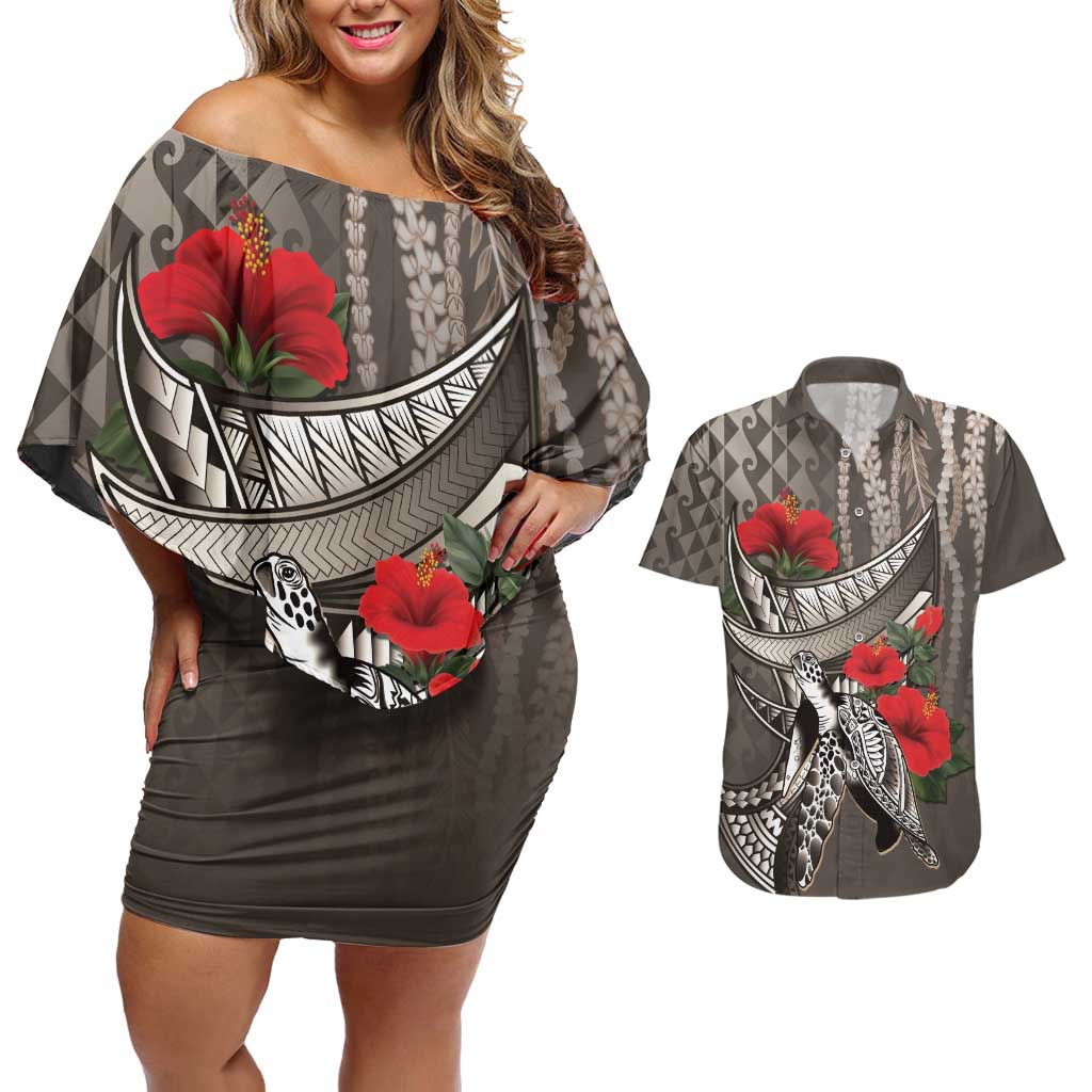 Hawaiian Honu Personalized Couples Matching Off Shoulder Short Dress and Hawaiian Shirt Mocha Mousse Hibiscus Tribal Hook Pattern