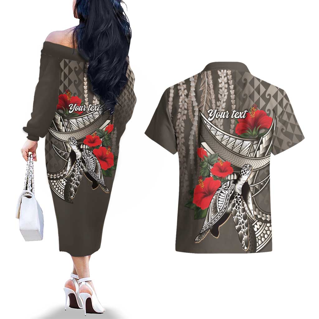 Hawaiian Honu Personalized Couples Matching Off The Shoulder Long Sleeve Dress and Hawaiian Shirt Mocha Mousse Hibiscus Tribal Hook Pattern