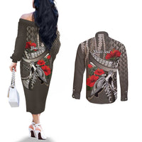 Hawaiian Honu Personalized Couples Matching Off The Shoulder Long Sleeve Dress and Long Sleeve Button Shirt Mocha Mousse Hibiscus Tribal Hook Pattern