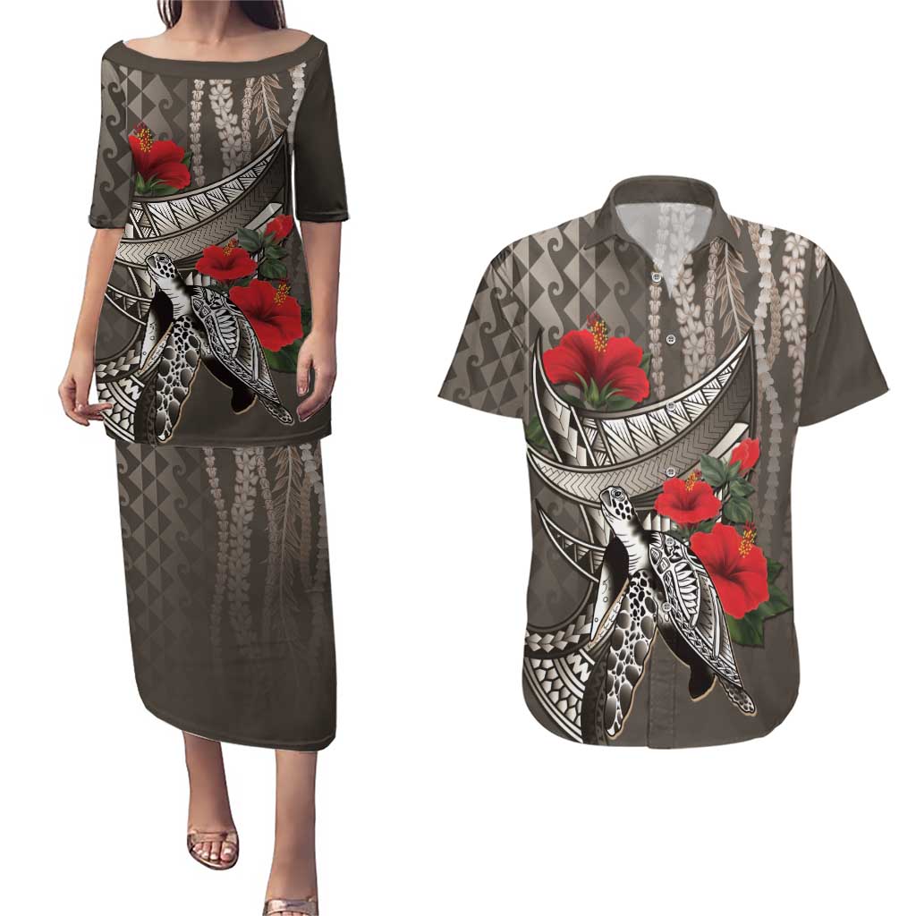Hawaiian Honu Personalized Couples Matching Puletasi and Hawaiian Shirt Mocha Mousse Hibiscus Tribal Hook Pattern