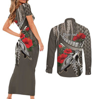 Hawaiian Honu Personalized Couples Matching Short Sleeve Bodycon Dress and Long Sleeve Button Shirt Mocha Mousse Hibiscus Tribal Hook Pattern