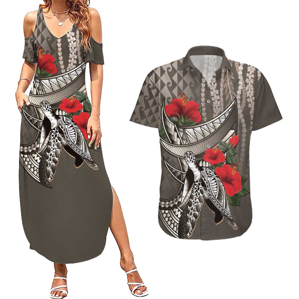 Hawaiian Honu Personalized Couples Matching Summer Maxi Dress and Hawaiian Shirt Mocha Mousse Hibiscus Tribal Hook Pattern