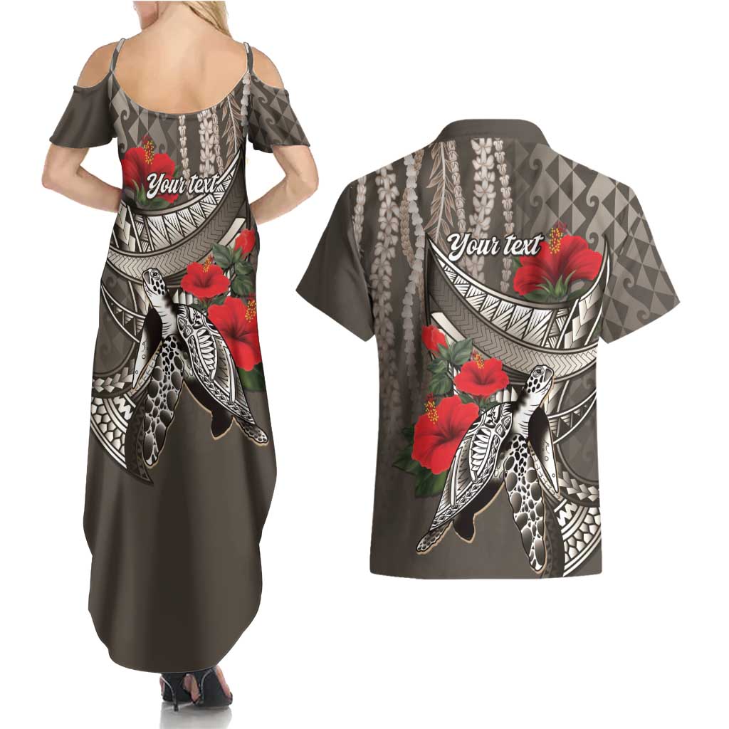 Hawaiian Honu Personalized Couples Matching Summer Maxi Dress and Hawaiian Shirt Mocha Mousse Hibiscus Tribal Hook Pattern