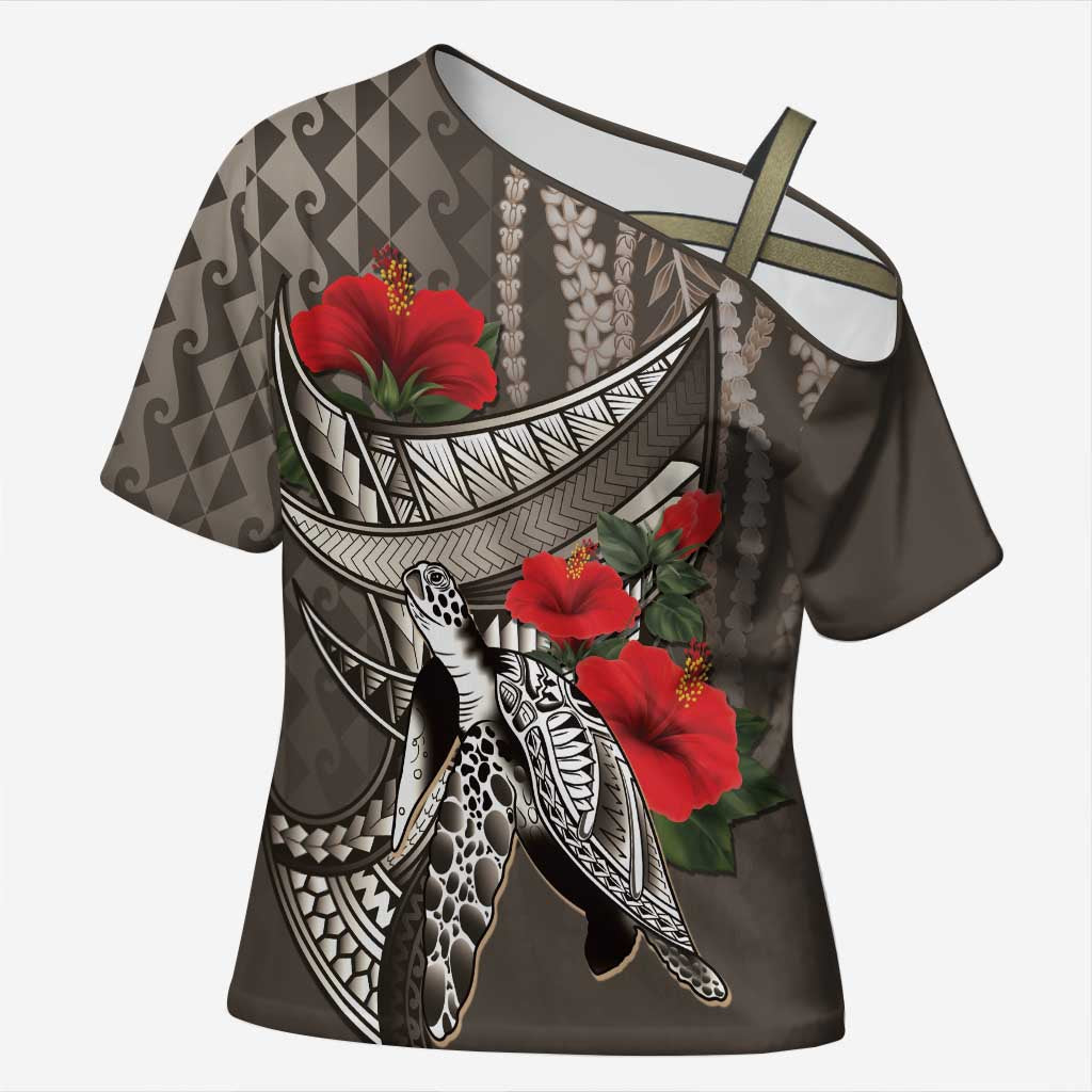 Hawaiian Honu Personalized Cross Shoulder Shirt Mocha Mousse Hibiscus Tribal Hook Pattern
