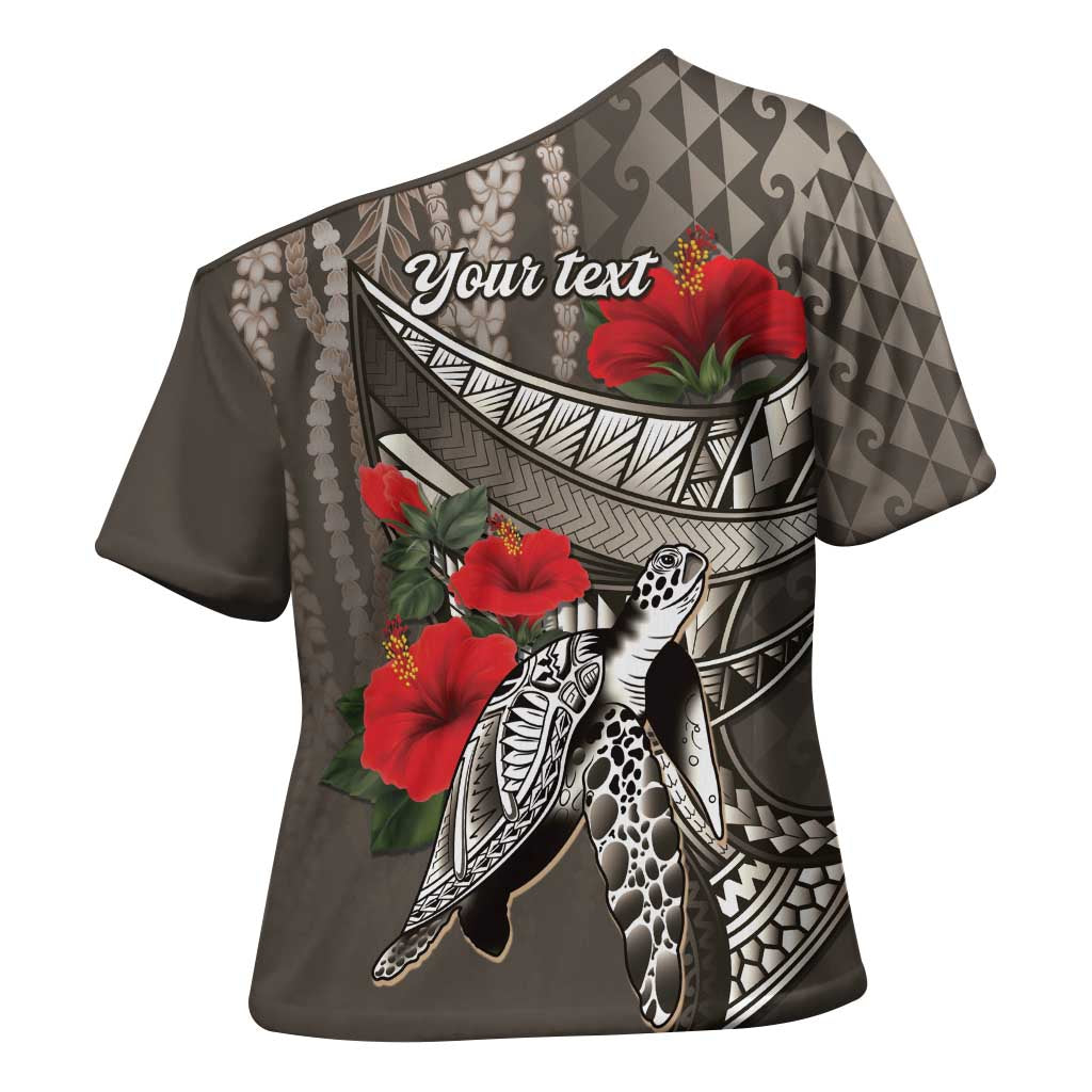 Hawaiian Honu Personalized Cross Shoulder Shirt Mocha Mousse Hibiscus Tribal Hook Pattern