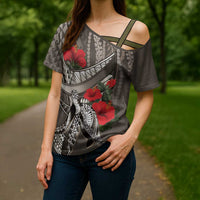 Hawaiian Honu Personalized Cross Shoulder Shirt Mocha Mousse Hibiscus Tribal Hook Pattern