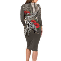Hawaiian Honu Personalized Family Matching Long Sleeve Bodycon Dress and Hawaiian Shirt Mocha Mousse Hibiscus Tribal Hook Pattern