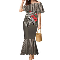 Hawaiian Honu Personalized Family Matching Mermaid Dress and Hawaiian Shirt Mocha Mousse Hibiscus Tribal Hook Pattern