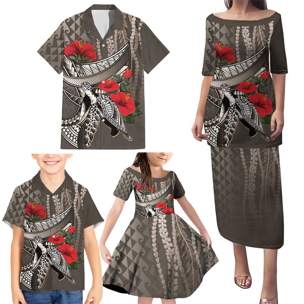 Hawaiian Honu Personalized Family Matching Puletasi and Hawaiian Shirt Mocha Mousse Hibiscus Tribal Hook Pattern
