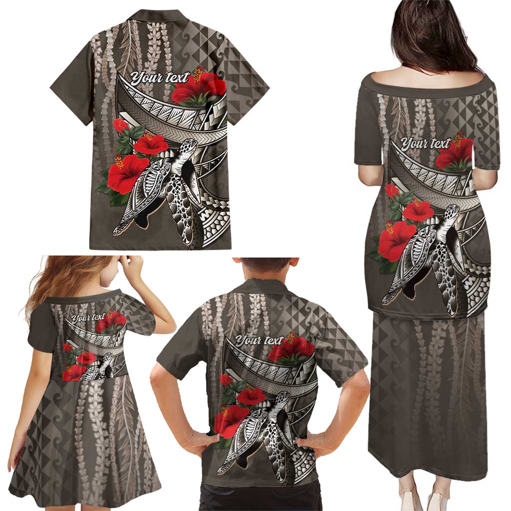 Hawaiian Honu Personalized Family Matching Puletasi and Hawaiian Shirt Mocha Mousse Hibiscus Tribal Hook Pattern