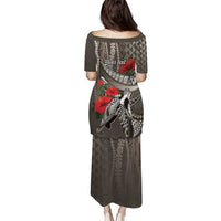 Hawaiian Honu Personalized Family Matching Puletasi and Hawaiian Shirt Mocha Mousse Hibiscus Tribal Hook Pattern