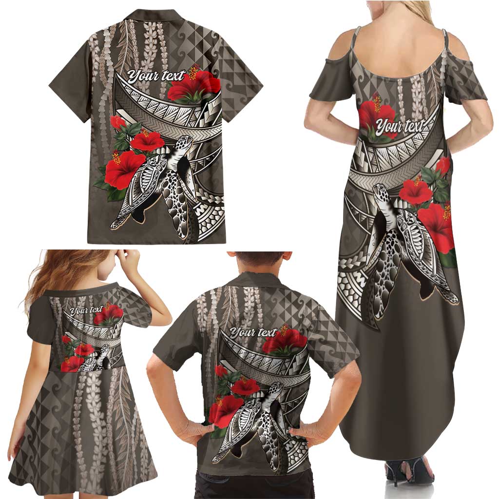 Hawaiian Honu Personalized Family Matching Summer Maxi Dress and Hawaiian Shirt Mocha Mousse Hibiscus Tribal Hook Pattern