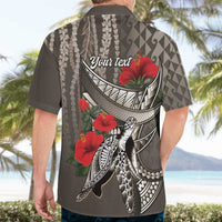 Hawaiian Honu Personalized Hawaiian Shirt Mocha Mousse Hibiscus Tribal Hook Pattern