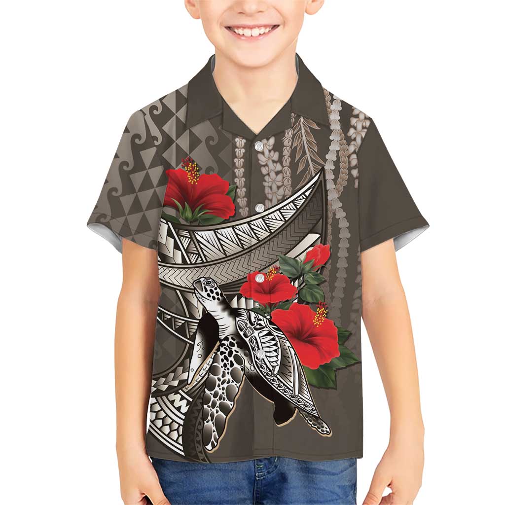 Hawaiian Honu Personalized Hawaiian Shirt Mocha Mousse Hibiscus Tribal Hook Pattern