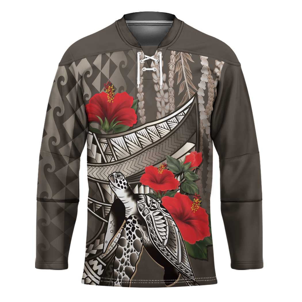 Hawaiian Honu Personalized Hockey Jersey Mocha Mousse Hibiscus Tribal Hook Pattern