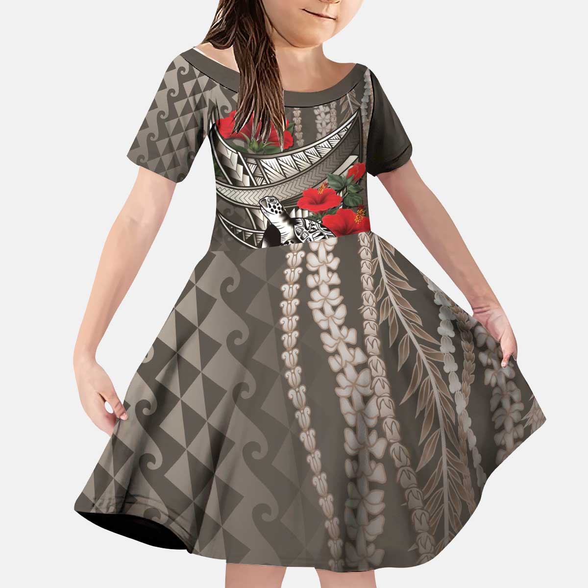 Hawaiian Honu Personalized Kid Short Sleeve Dress Mocha Mousse Hibiscus Tribal Hook Pattern