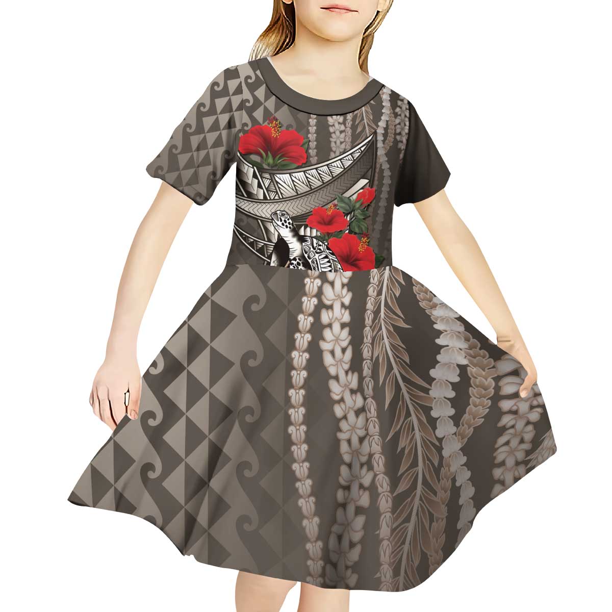Hawaiian Honu Personalized Kid Short Sleeve Dress Mocha Mousse Hibiscus Tribal Hook Pattern