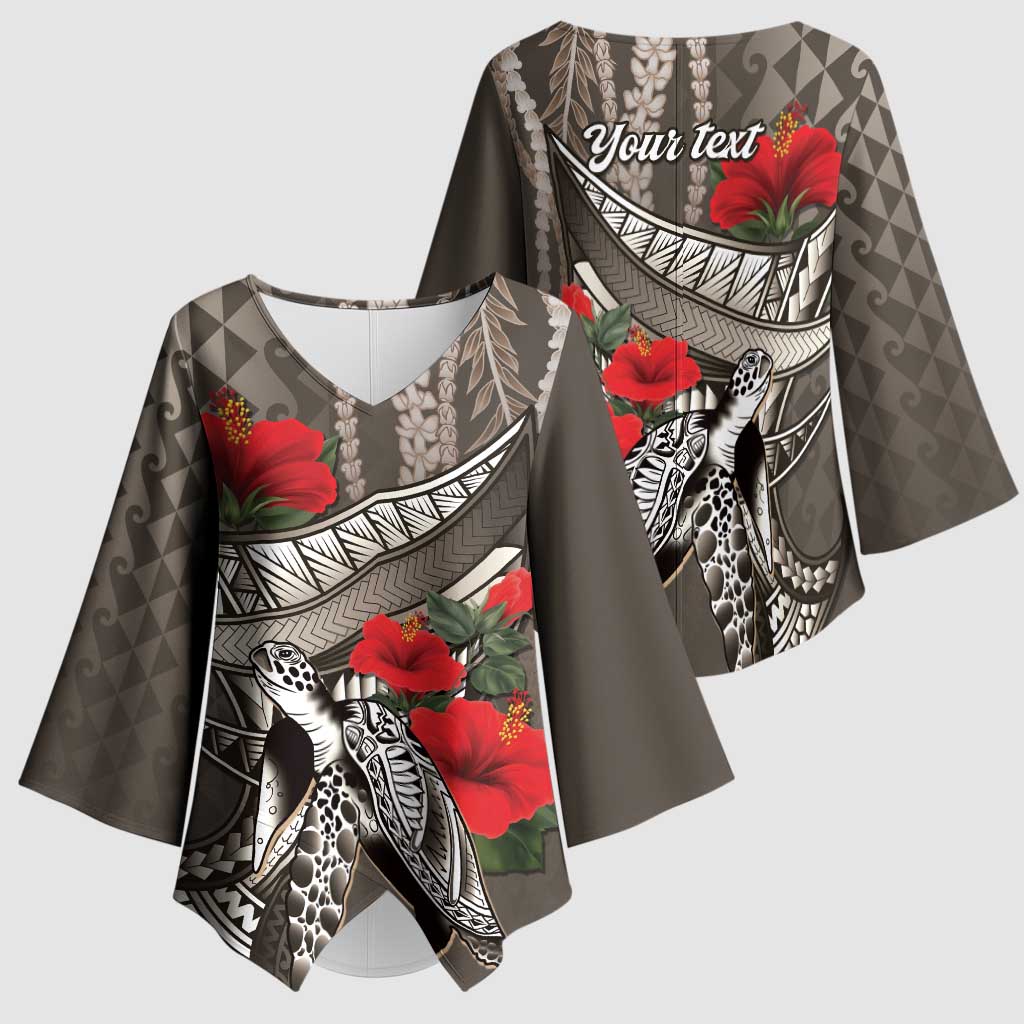 Hawaiian Honu Personalized Kimono Sleeve Blouse Mocha Mousse Hibiscus Tribal Hook Pattern
