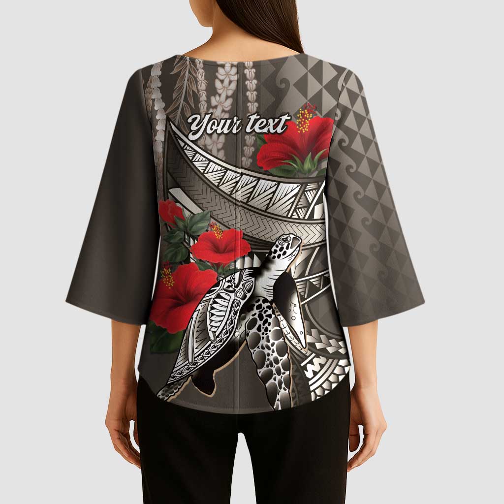 Hawaiian Honu Personalized Kimono Sleeve Blouse Mocha Mousse Hibiscus Tribal Hook Pattern