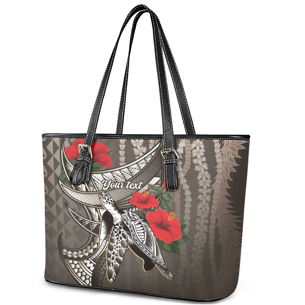Hawaiian Honu Personalized Leather Tote Bag Mocha Mousse Hibiscus Tribal Hook Pattern