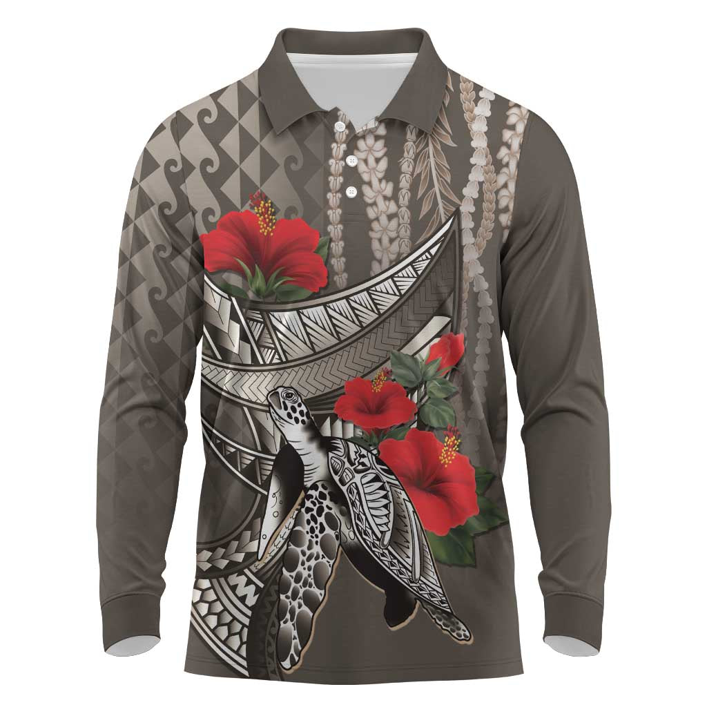 Hawaiian Honu Personalized Long Sleeve Polo Shirt Mocha Mousse Hibiscus Tribal Hook Pattern