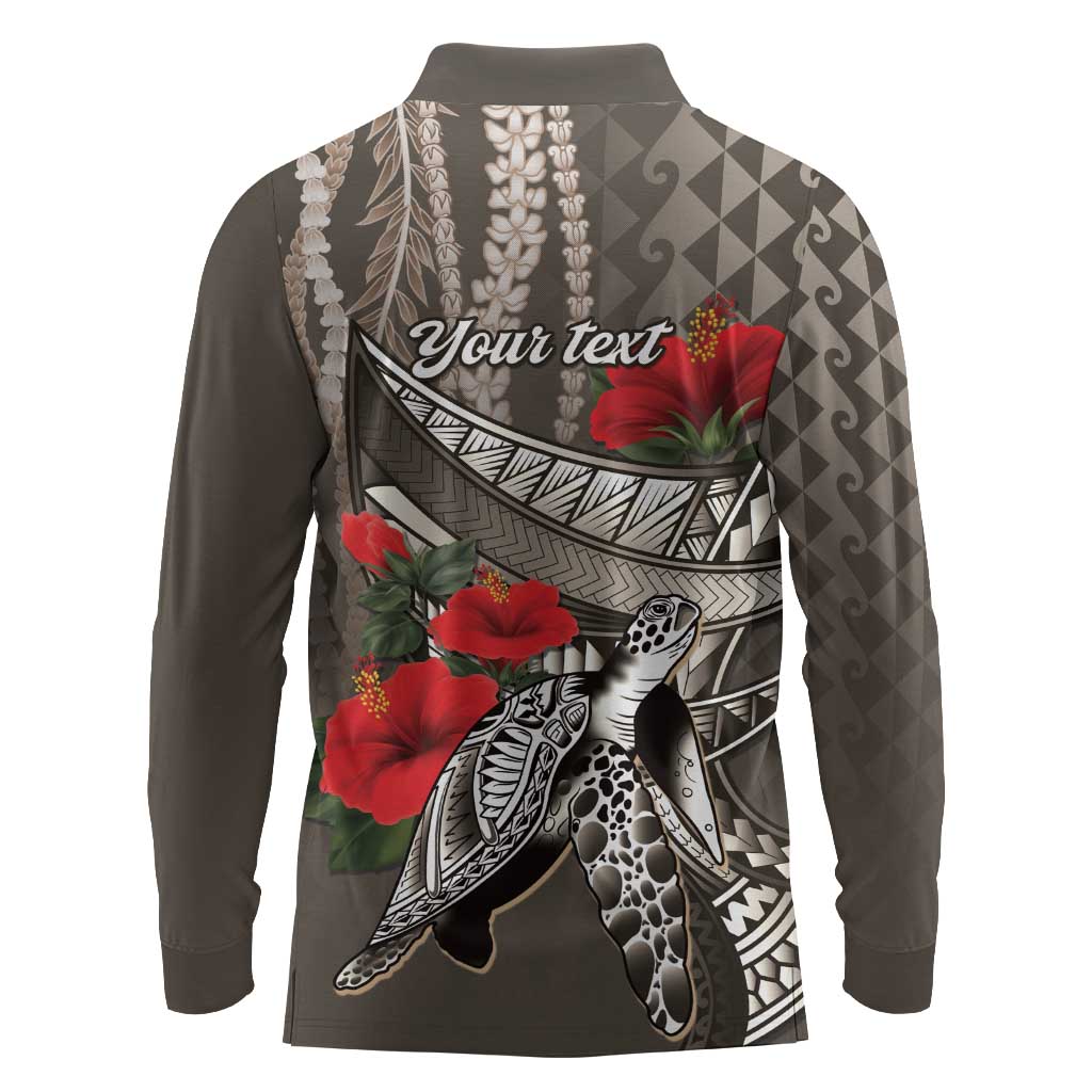 Hawaiian Honu Personalized Long Sleeve Polo Shirt Mocha Mousse Hibiscus Tribal Hook Pattern