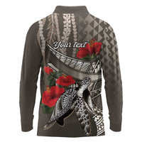 Hawaiian Honu Personalized Long Sleeve Polo Shirt Mocha Mousse Hibiscus Tribal Hook Pattern