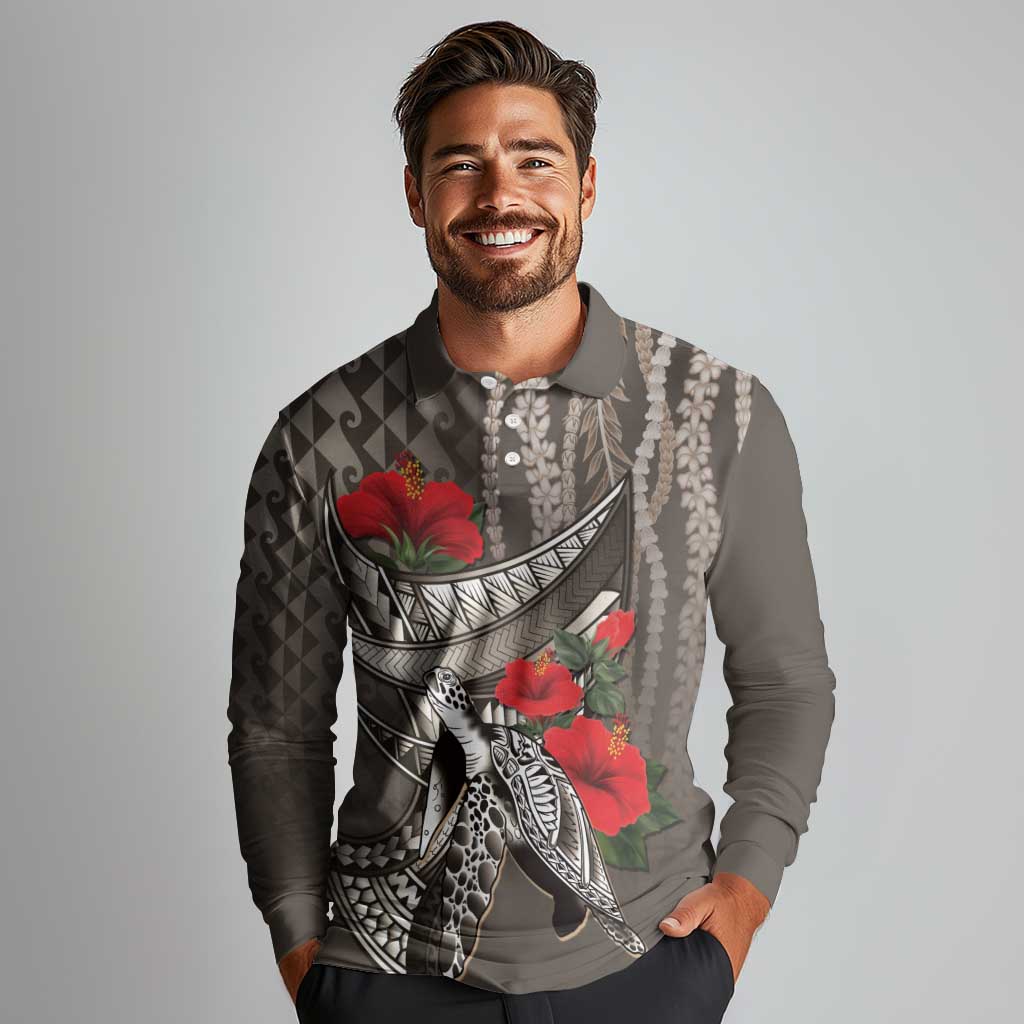 Hawaiian Honu Personalized Long Sleeve Polo Shirt Mocha Mousse Hibiscus Tribal Hook Pattern