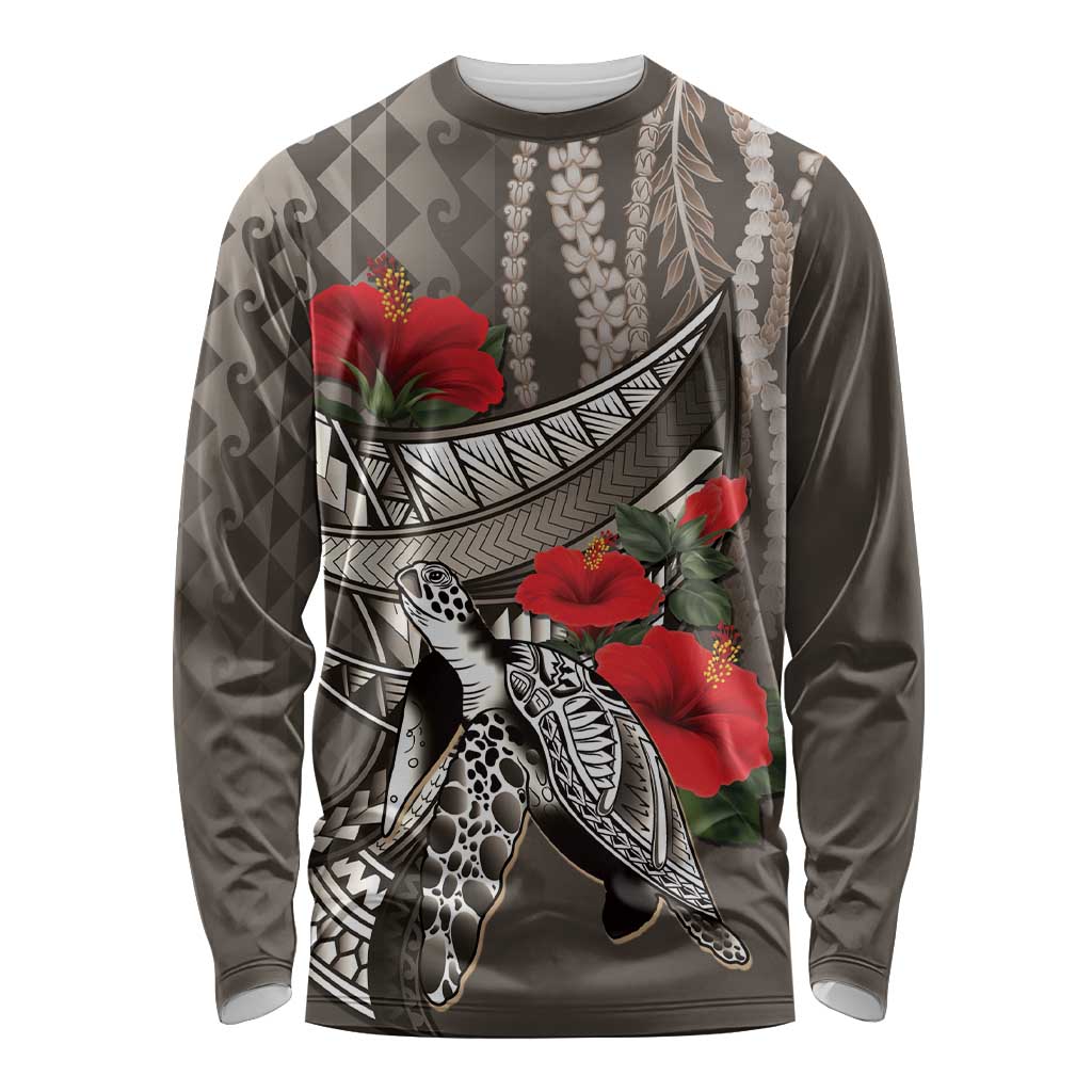 Hawaiian Honu Personalized Long Sleeve Shirt Mocha Mousse Hibiscus Tribal Hook Pattern