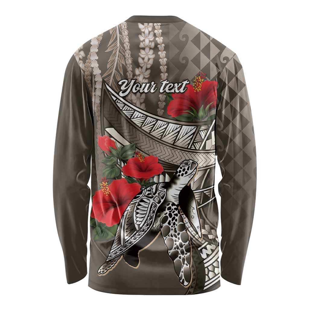 Hawaiian Honu Personalized Long Sleeve Shirt Mocha Mousse Hibiscus Tribal Hook Pattern
