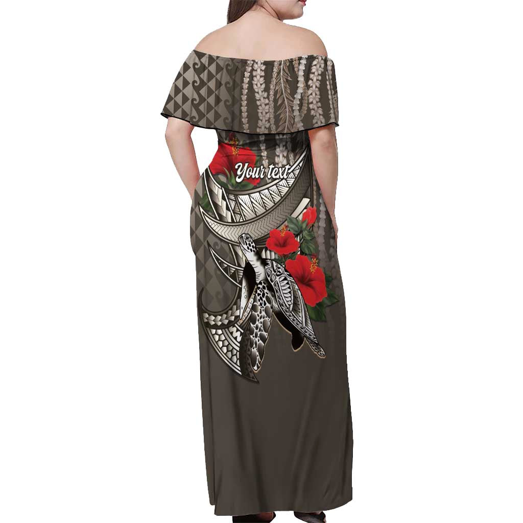 Hawaiian Honu Personalized Off Shoulder Maxi Dress Mocha Mousse Hibiscus Tribal Hook Pattern
