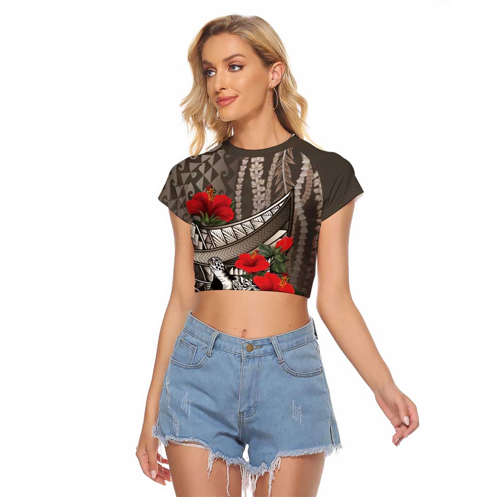 Hawaiian Honu Personalized Raglan Cropped T Shirt Mocha Mousse Hibiscus Tribal Hook Pattern