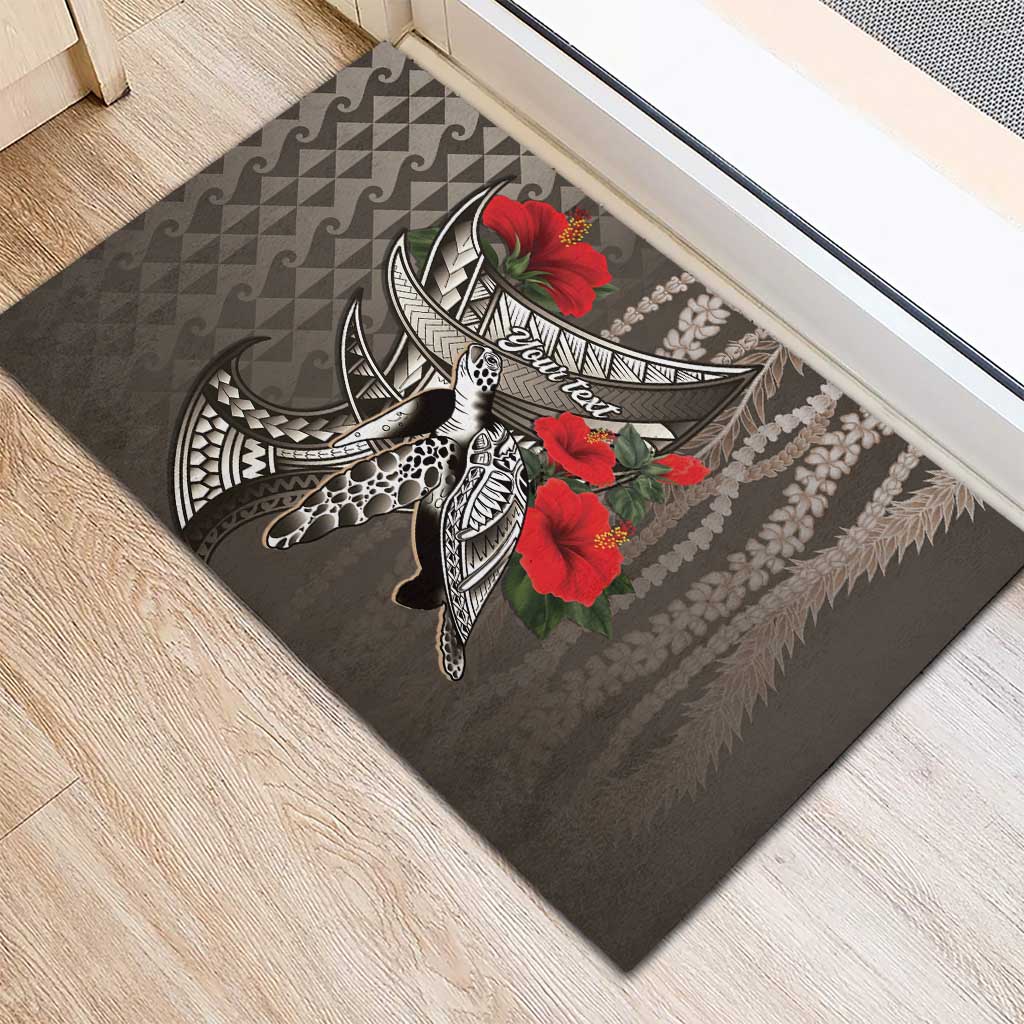 Hawaiian Honu Personalized Rubber Doormat Mocha Mousse Hibiscus Tribal Hook Pattern