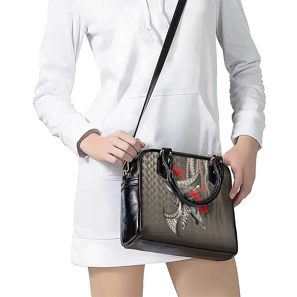 Hawaiian Honu Personalized Shoulder Handbag Mocha Mousse Hibiscus Tribal Hook Pattern