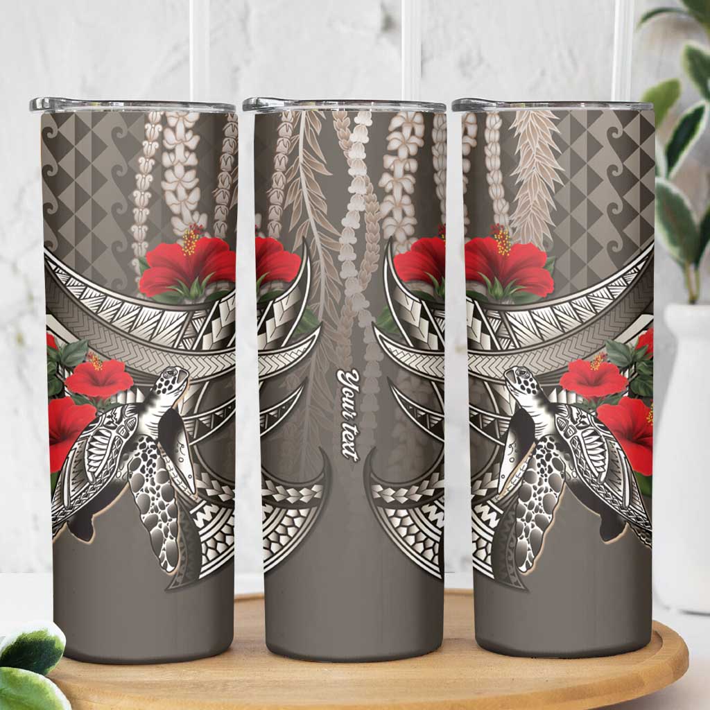Hawaiian Honu Personalized Skinny Tumbler Mocha Mousse Hibiscus Tribal Hook Pattern