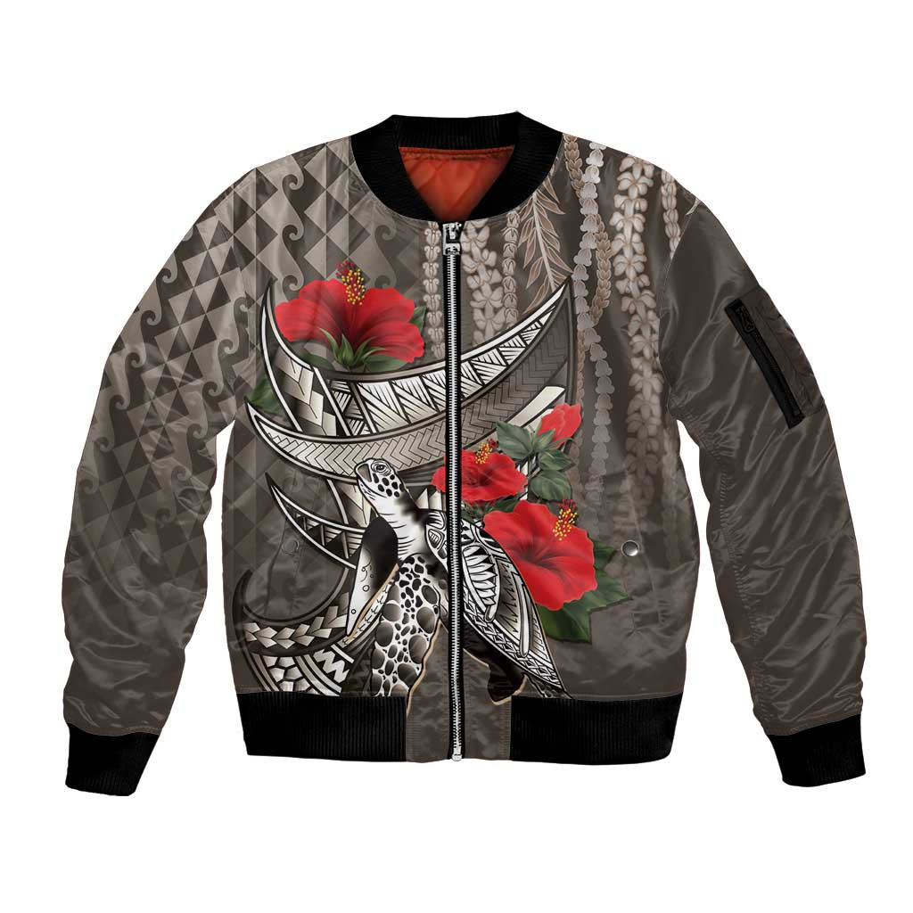 Hawaiian Honu Personalized Sleeve Zip Bomber Jacket Mocha Mousse Hibiscus Tribal Hook Pattern