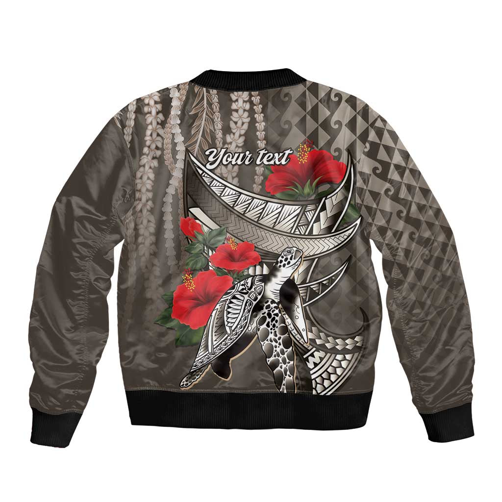 Hawaiian Honu Personalized Sleeve Zip Bomber Jacket Mocha Mousse Hibiscus Tribal Hook Pattern