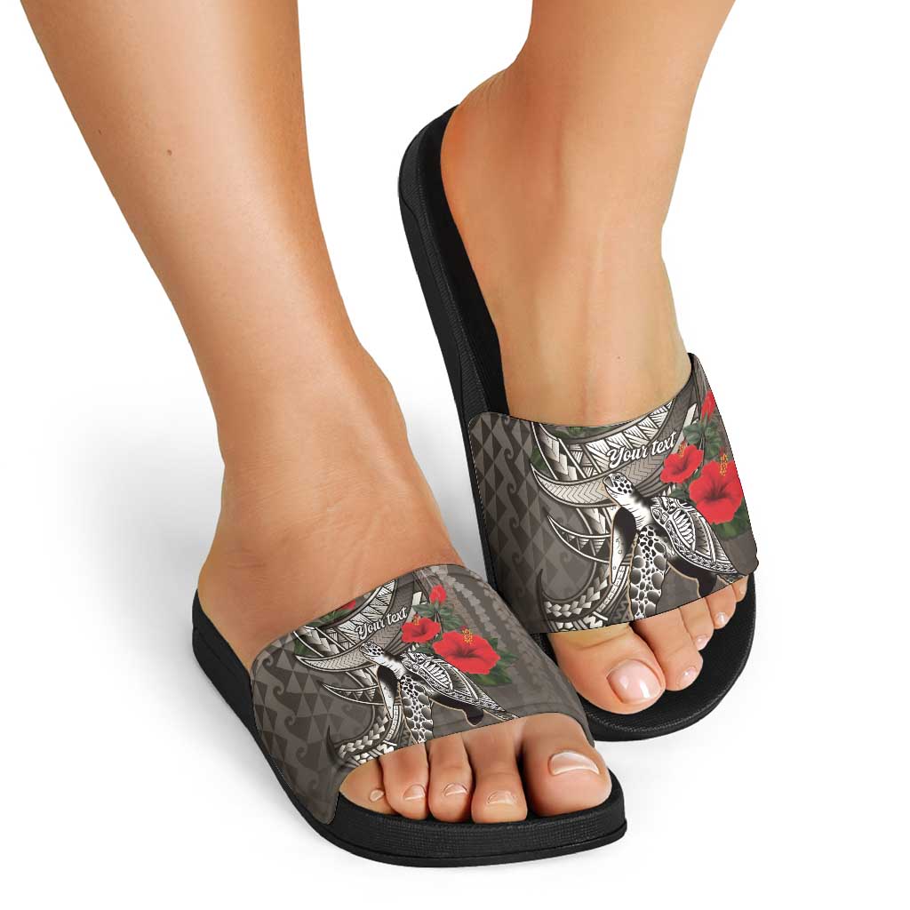 Hawaiian Honu Personalized Slide Sandals Mocha Mousse Hibiscus Tribal Hook Pattern