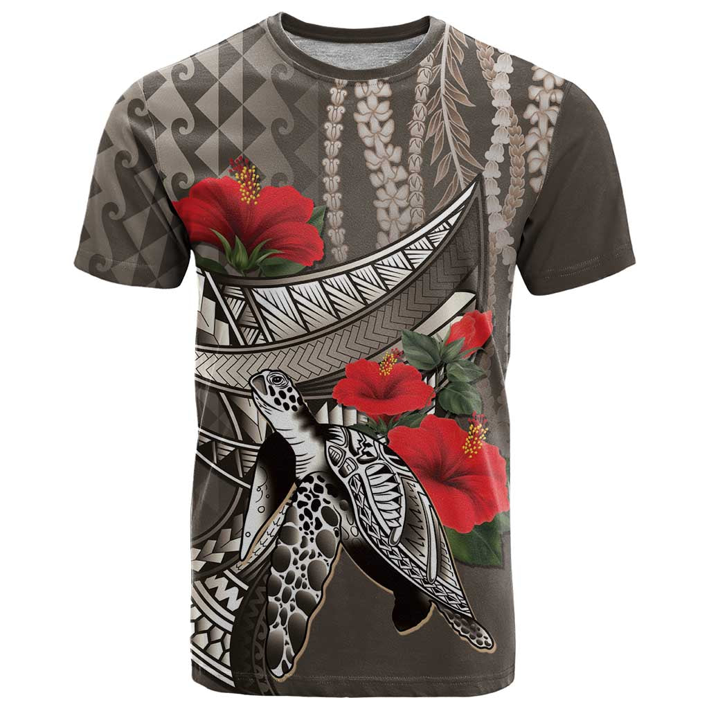 Hawaiian Honu Personalized T Shirt Mocha Mousse Hibiscus Tribal Hook Pattern