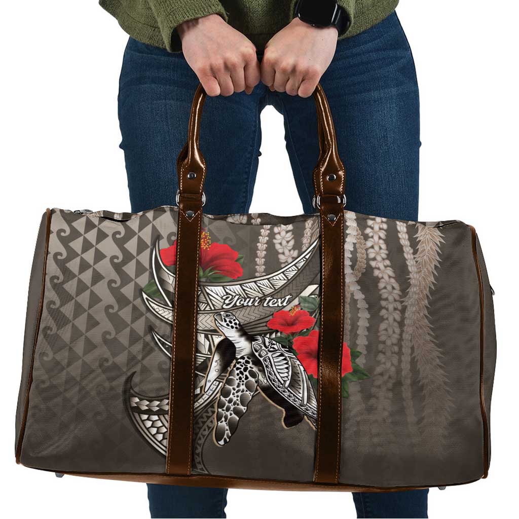 Hawaiian Honu Personalized Travel Bag Mocha Mousse Hibiscus Tribal Hook Pattern