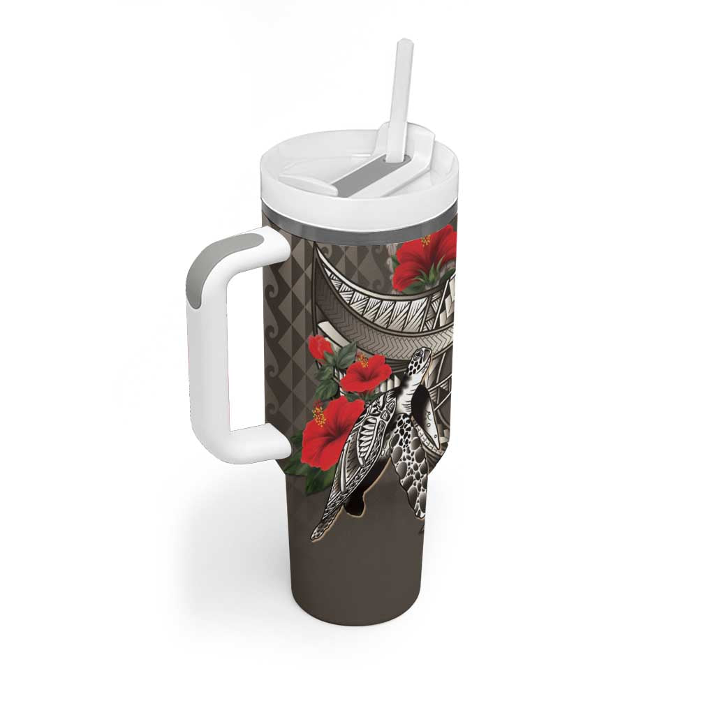 Hawaiian Honu Personalized Tumbler With Handle Mocha Mousse Hibiscus Tribal Hook Pattern
