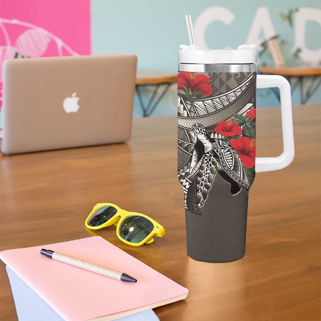 Hawaiian Honu Personalized Tumbler With Handle Mocha Mousse Hibiscus Tribal Hook Pattern