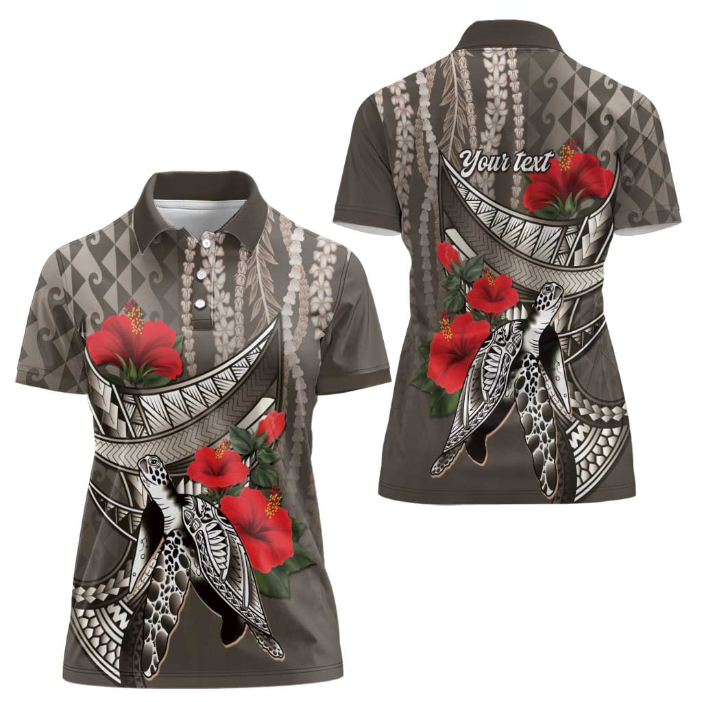 Hawaiian Honu Personalized Women Polo Shirt Mocha Mousse Hibiscus Tribal Hook Pattern