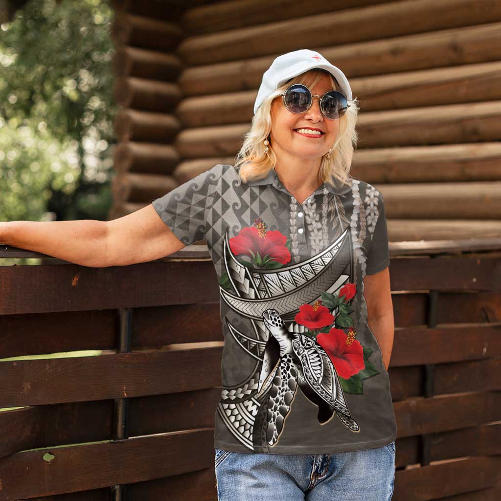Hawaiian Honu Personalized Women Polo Shirt Mocha Mousse Hibiscus Tribal Hook Pattern