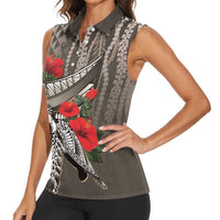 Hawaiian Honu Personalized Women Sleeveless Polo Shirt Mocha Mousse Hibiscus Tribal Hook Pattern