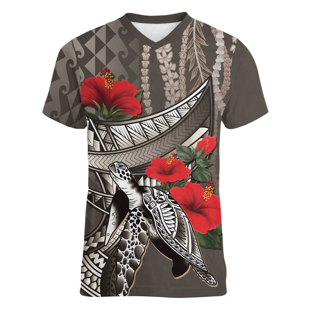 Hawaiian Honu Personalized Women V-Neck T-Shirt Mocha Mousse Hibiscus Tribal Hook Pattern