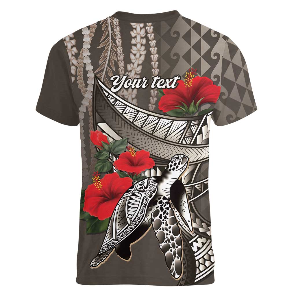 Hawaiian Honu Personalized Women V-Neck T-Shirt Mocha Mousse Hibiscus Tribal Hook Pattern